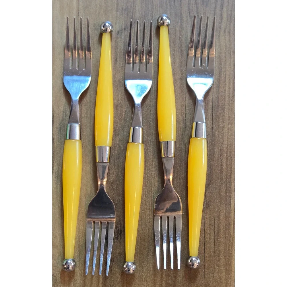 10pc Stainless Steel Dinner Forks Salad Forks Neon Plastic Tapered Handles MCM